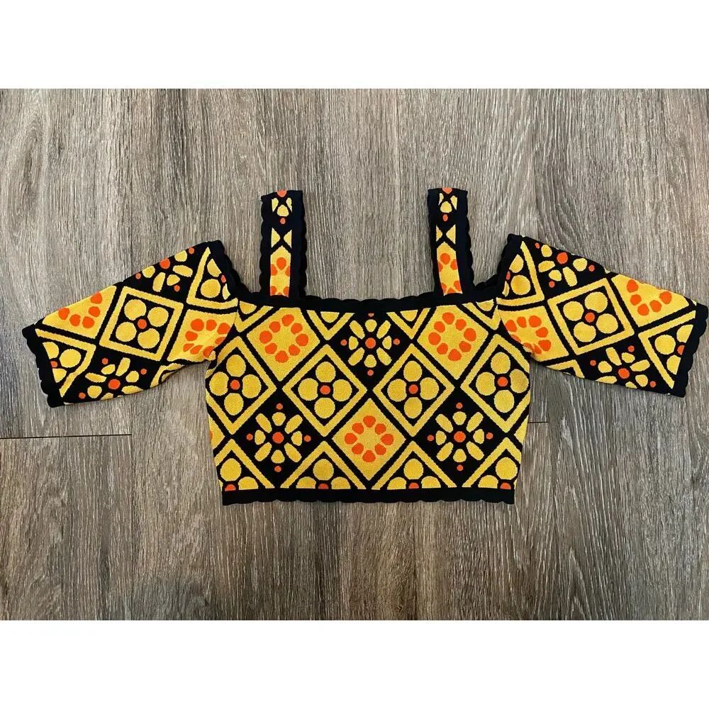Geometric Knit Cold Shoulder Crop Top Black Mustard Orange Size S Maximalist